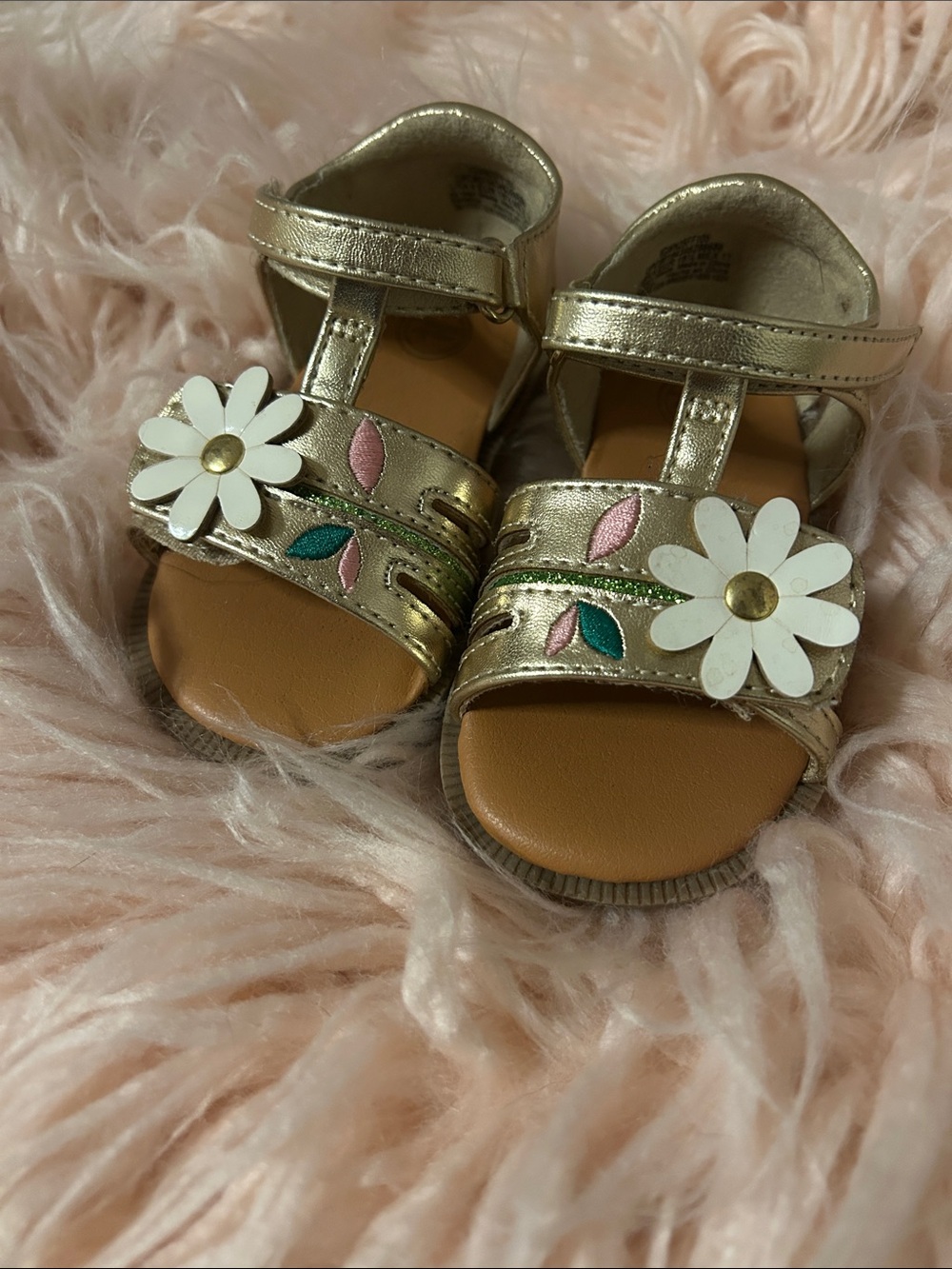 wonder nation Gold Daisy Strap Sandals with Pink & Teal Accents